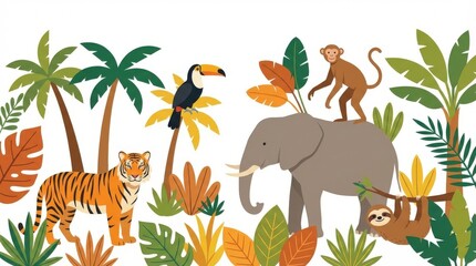 Obraz premium Jungle animals and tropical plants.