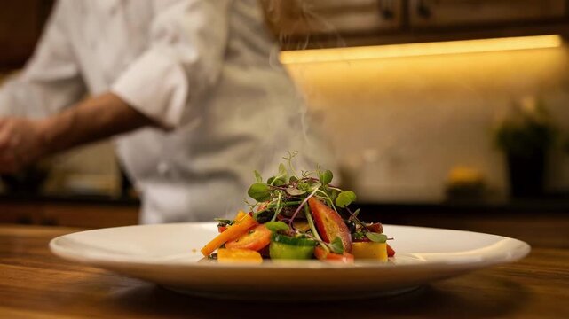 Medium shot of a personal chef plating a gourmet appetizer in a cozy private kitchen with blurred background highlighting intricate details and vibrant colors.