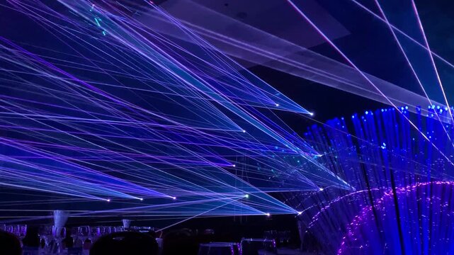 Dynamic Laser Network with Blue and Purple Strobe Effects