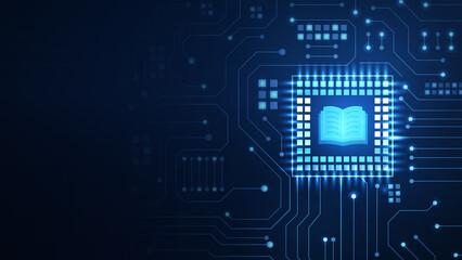 A striking digital illustration of a microchip illuminated by an open book symbol, representing the fusion of knowledge and technology. © 88