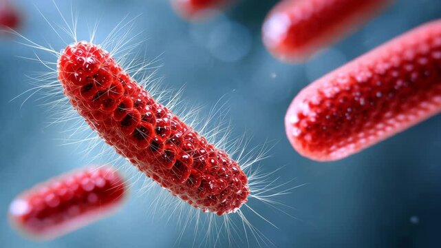 Red bacteria with hair-like structures floating in a blue background, showcasing a close-up view of their unique shapes and textures in a microscopic environment