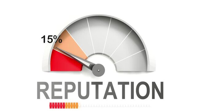 Reputation meter showing falling values of reputation. Diminishing to minimum, reaching zero, below the norm. Lack of reputation. No AI, made by humans for humans.
