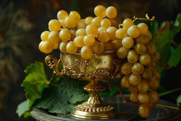 Obraz premium Ripe white grapes cascading from an ornate golden chalice, adorned with vine leaves, evoke a sense of abundance and harvest