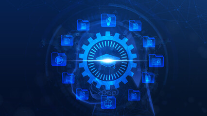 Obraz premium An abstract representation of technological innovation featuring a gear surrounded by icons, symbolizing digital advancements and automation.