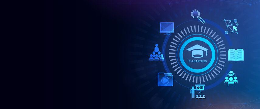 Digital educational icons representing various learning concepts, including books, people, and data, set against a blue gradient background.