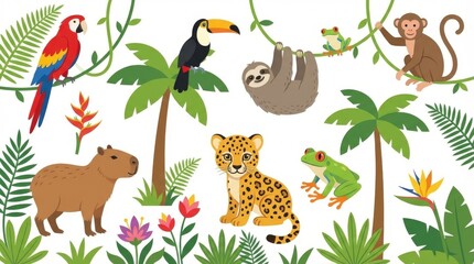 Fototapeta premium Tropical jungle animals and plants.