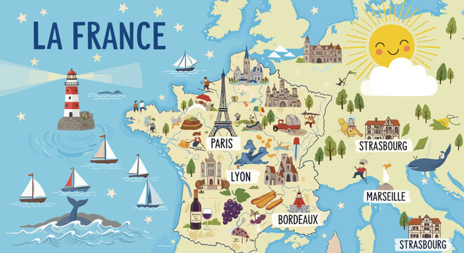 Illustrated Map of France with Major Landmarks, Cities, and Iconic Symbols