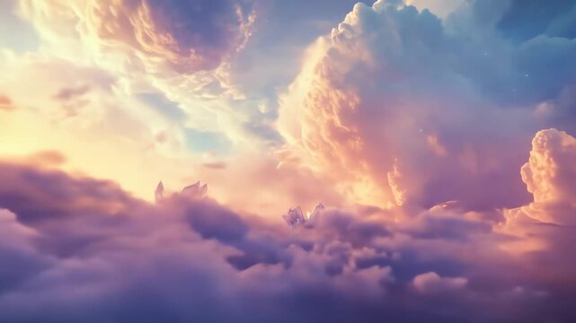 Abstract crystal formations against dramatic cloudscape background