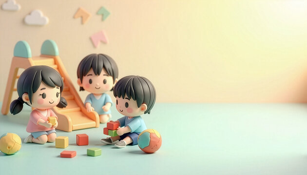Children playing with colorful building blocks in a nursery school or playroom　保育園やプレイルームでカラフルな積み木ブロックを使って遊ぶ子供たちの人形　コピースペース付き