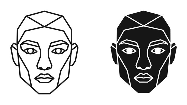 Contrasting geometric and filled stylized human face portraits in black and white