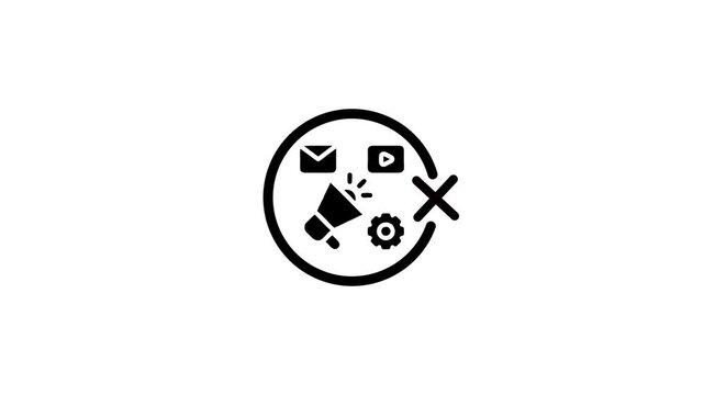 Advertising campaign symbols crossed out with notification mail and video play icon static motion