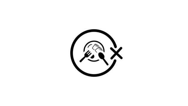 Minimalist animated icon of plate with fork and spoon crossed out signifying no food or fasting concept