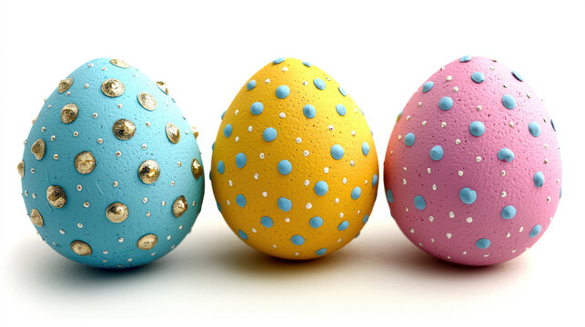 Three decorated Easter eggs in pastel colors of blue yellow and pink are displayed in a row on a white background ready for a festive sp holiday celebration.