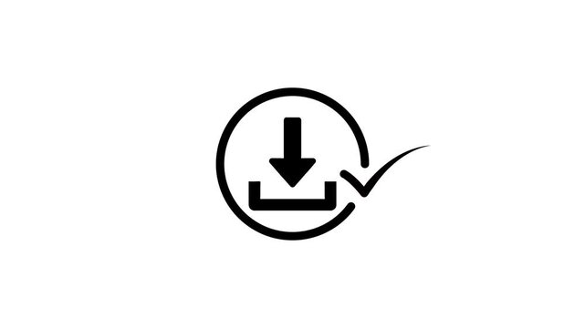 Download complete animation with black circular progress bar and arrow icon on white background representing digital file transfer