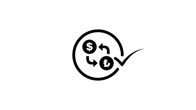 Animated currency exchange icon showing dollar to turkish lira conversion with checkmark symbol in black and white