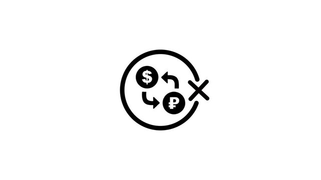 Currency exchange restriction animation showing dollar and ruble symbols with cancellation mark on white background
