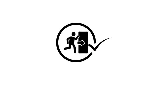 Animated exit sign icon with checkmark indicating successful logout, flat design motion graphics, white background