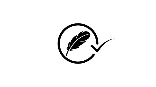 Minimalist quill pen and check mark icon animation in black and white silhouette for verification and writing