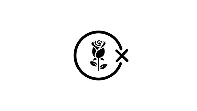 Minimalist black rose animation with circle frame and cross symbol on white background motion graphic
