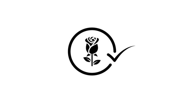 Black and white animated rose flower icon in a circle with a check mark, motion graphic animation of blossoming flower with leaves