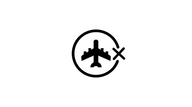 Airplane no fly icon animation black and white background, flight cancelled, plane not allowed motion graphic footage