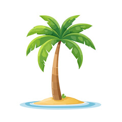 Obraz premium Cartoon palm tree on a sandy island surrounded by blue water and waves
