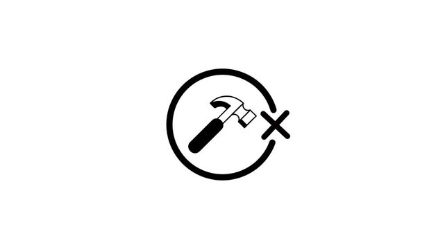 Minimalist hammer icon animation with circle and cross symbol on white background representing diy tools and construction