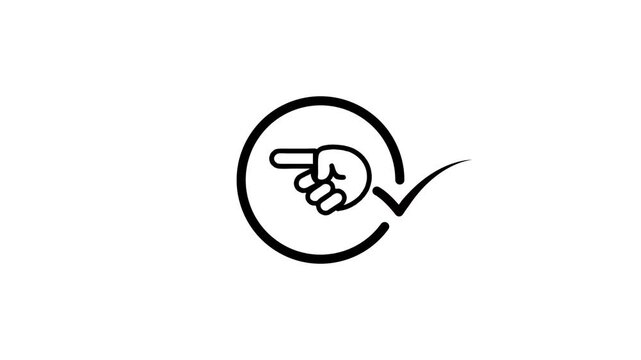 A motion graphic animation of a hand pointing with a checkmark in a circle on a white background, concept of selection and validation