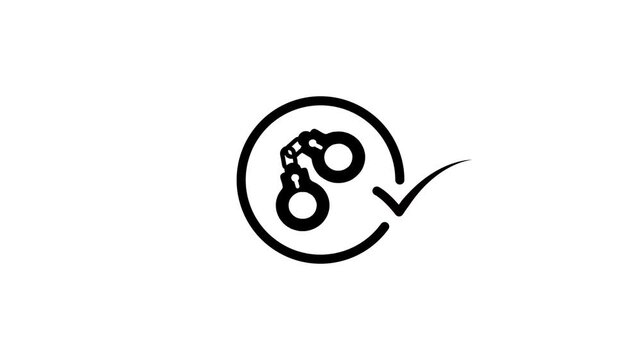 Handcuffs symbol inside circle with check mark motion graphics