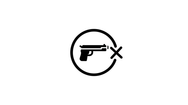 Animated gun symbol with cross mark shows prohibition of weapons, no guns allowed sign concept
