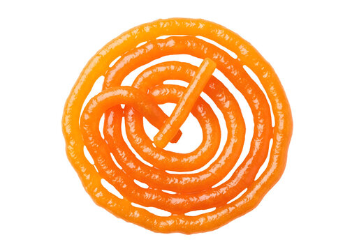Vibrant orange spiral shaped indian sweet jalebi on a transparent PNG format background, traditional dessert