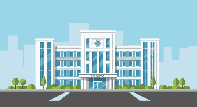 Modern Hospital Building with Medical Cross Symbol.