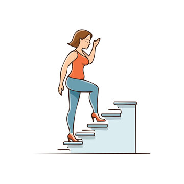 Cartoon woman climbing stairs with one leg raised upwards reaching for success