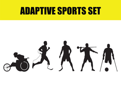 Adaptive sports set with disabled athlete silhouettes, inclusive para sports competition icons, black vector figures of people with physical disabilities playing soccer and racing