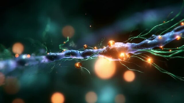 Exploring the Intricate Structure of Neuronal Connections: A Visual Journey Through Nerve Fibers Highlighting Synapses and Electrical Signals