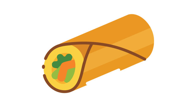 A stylized illustration of a wrapped food item, likely a burrito or spring roll, with visible filling. The design is simple with bold colors
