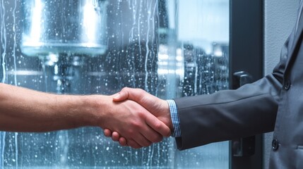 Handshake between a CNC machinist and a businessman client. Concept of CNC machinery deal offer and partnership.