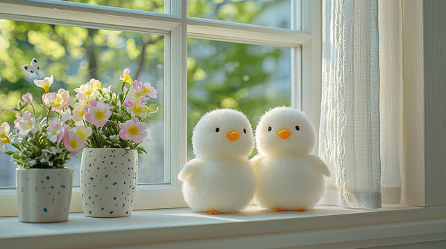 Two adorable fluffy chicks are placed by a sunny window beside a pot of charming pink and white flowers, creating a cheerful sp atmosphere indoors.