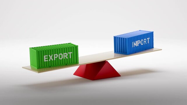 Import and export containers balancing on a seesaw against a white background. 3d rendering