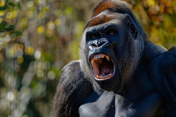 Naklejka premium Powerful wild gorilla roaring and showing its teeth, displaying dominance in its natural jungle environment