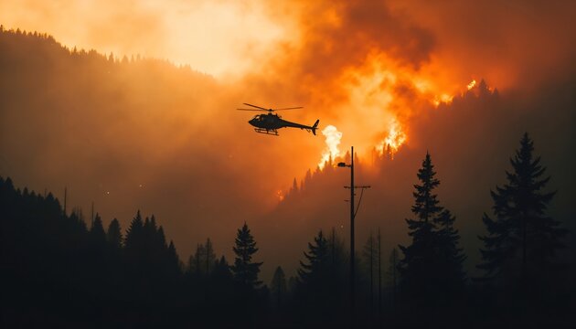Helicopter flying over forest fire to extinguish blaze. Firefighter aircraft suppressing wildland fire in mountain. Emergency aerial operation for disaster relief and environment protection.