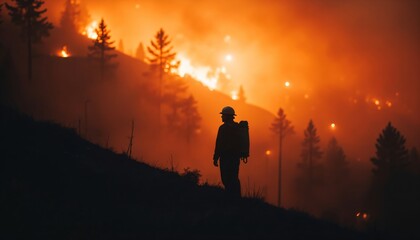 Fototapeta premium Firefighter standing in front of burning forest wildfire during night. Man in protective gear observing emergency blaze. Dangerous natural disaster and forest fire control concept.