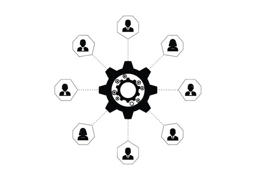 A complex black gear serves as a central engine connecting eight octagonal figures representing diverse stakeholders in a networked structure.