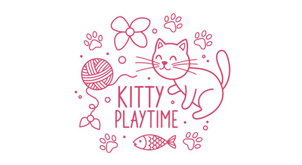 Obraz premium Cute line art illustration of a happy kitten playing with a yarn ball and fish toy, surrounded by paw prints, perfect for children's designs or pet-related branding