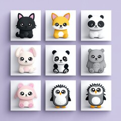 Naklejka premium Kawaii Animal Sticker Set Featuring Nine Cute Animals in a 3x3 Grid Design With Sparkling Eyes and Soft Colors