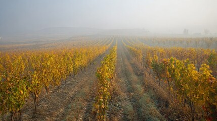 Naklejka premium Vineyard landscape in autumn with rows of grapevines and yellow foliage