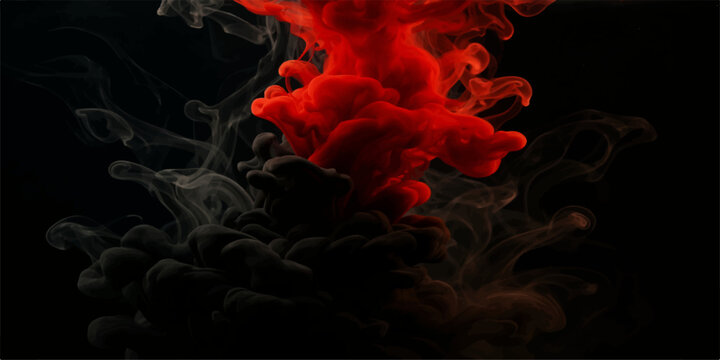 Vivid red and orange smoke swirls against a dark black background like a fiery inferno of glowing heat and burning energy from a hot night bonfire