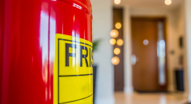 Red fire extinguisher closeup standing in modern hallway. Emergency equipment for fire protection and safety in building. Tool for hazard prevention and fire suppression system in office.