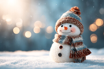 Obraz premium A cheerful snowman stands in the snow wearing a red striped hat and scarf with a smiling face and carrot nose surrounded by falling snowflakes and soft light