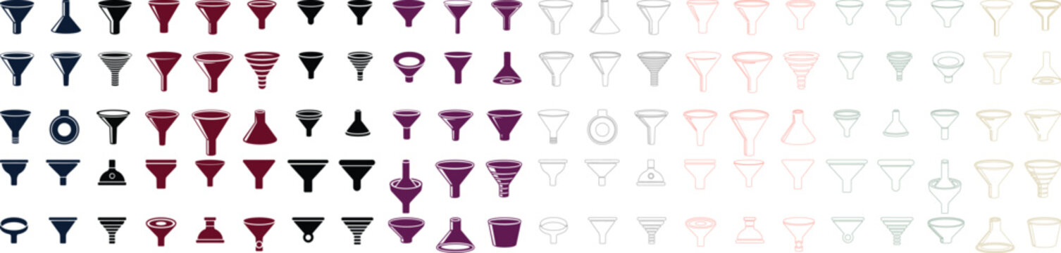 Colorful collection of various funnel shapes and designs on white background
